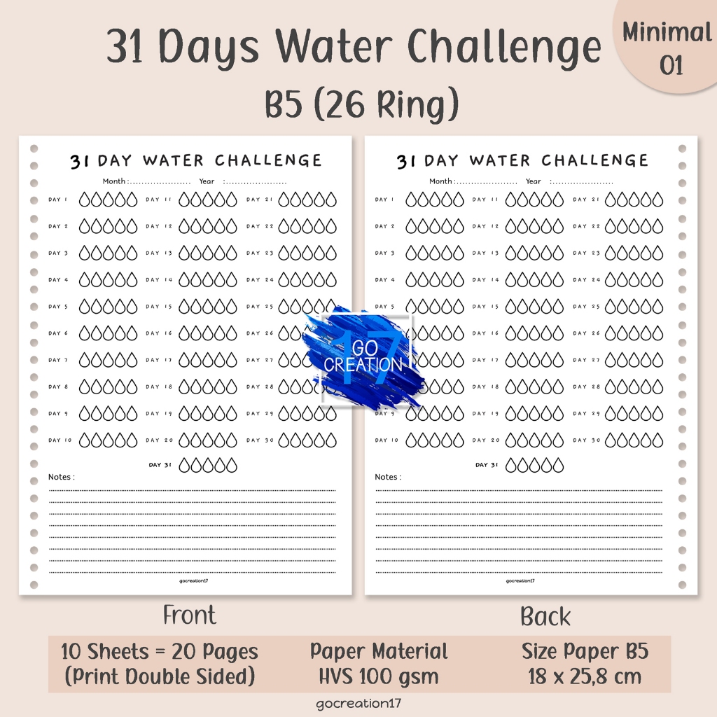 

Kertas Isi Binder Planner Water Tracker Challenge Simple Minimalis B5