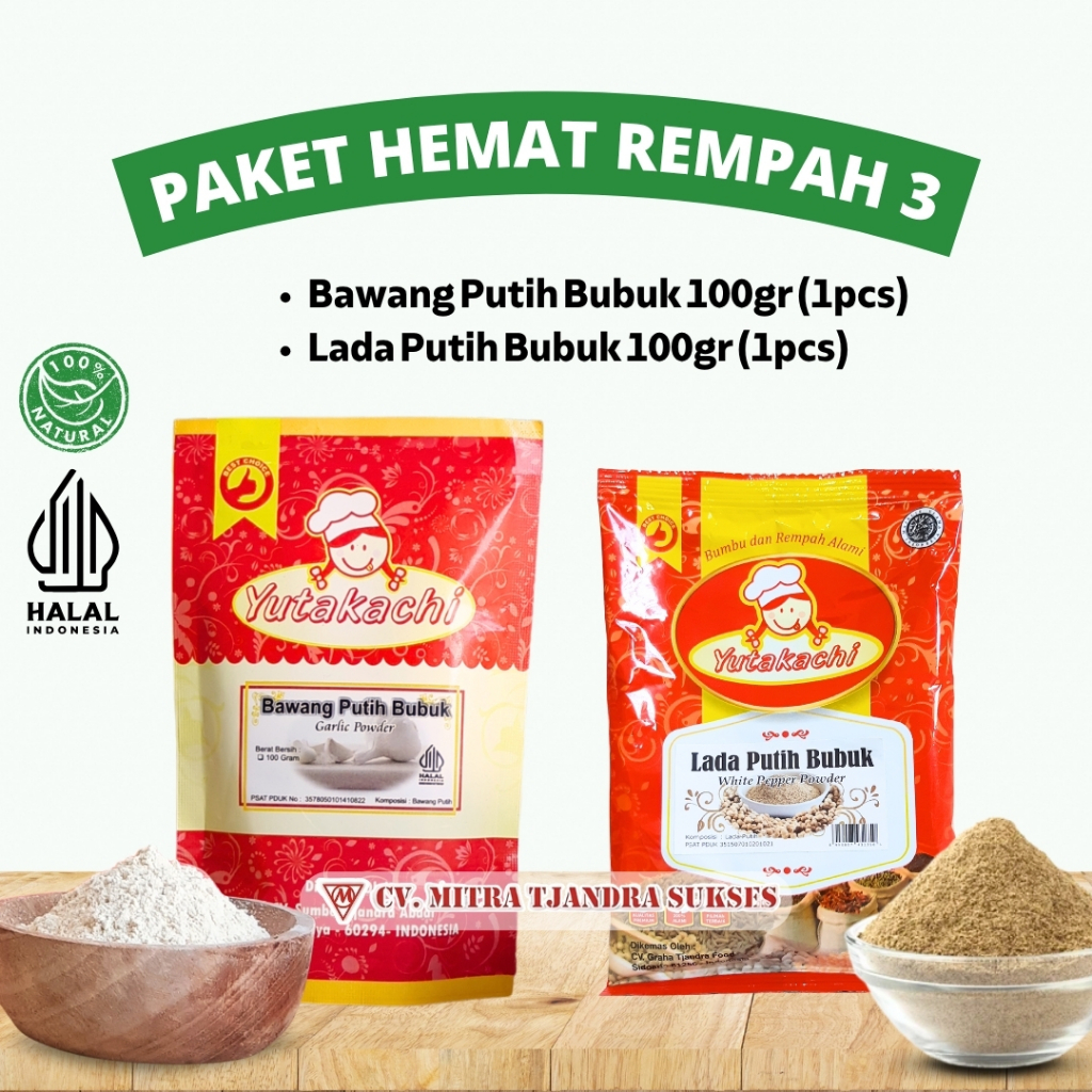 

PAKET HEMAT REMPAH 3/ Lada Putih Bubuk (1pcs) 100Gr, Bawang Putih Bubuk (1pcs) 100Gr / Paket Hemat Rempah Yutakachi Bumbu dan Rempah Bubuk