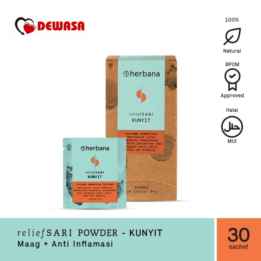 

Herbana Relief Sari Powder Kunyit Meringankan Gangguan Maag Perut Lambung - Isi 30 Sachet @4g