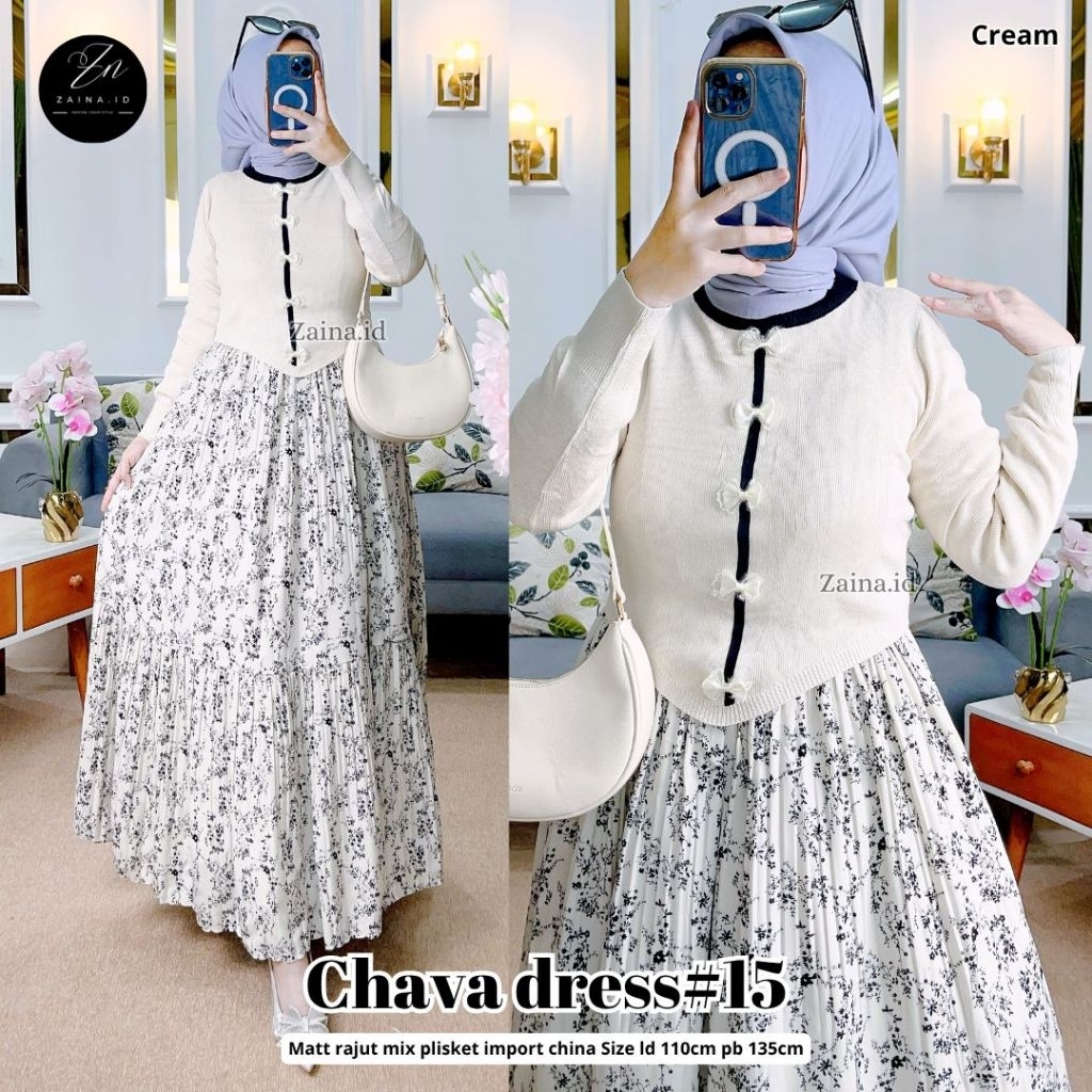 Chava Dress #15 Original Zaina Dress Rajut Mix Plisket Premium Motif Bunga Cantik Premium Quality