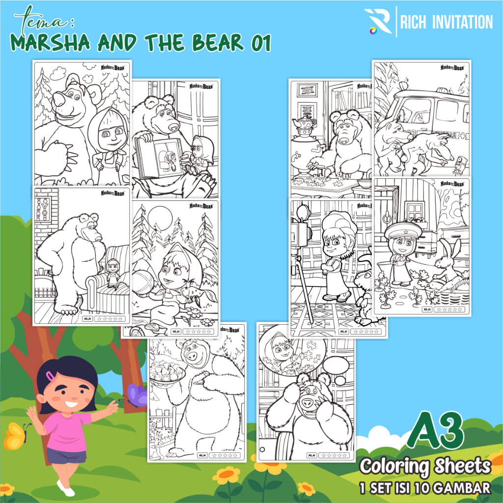

(A3) KERTAS MEWARNAI ANAK - KERTAS COLORING ANAK PAUD TK - TEMA MASHA AND THE BEAR