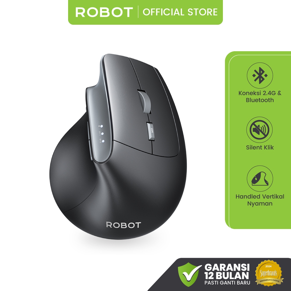 ROBOT Guru Master 2 Mouse Wireless Vertikal Ergonomis Bluetooth & 2.4G Dual Mode Silent Click Type-C