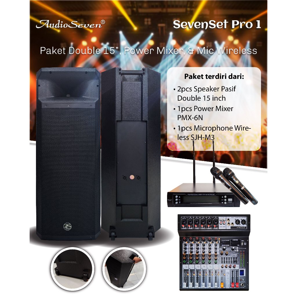 PAKET Audio Seven SevenSet Pro 1 Paket Speaker Double 15 Inch Pasif, Power Mixer PMX-6N, & Mic Wirel