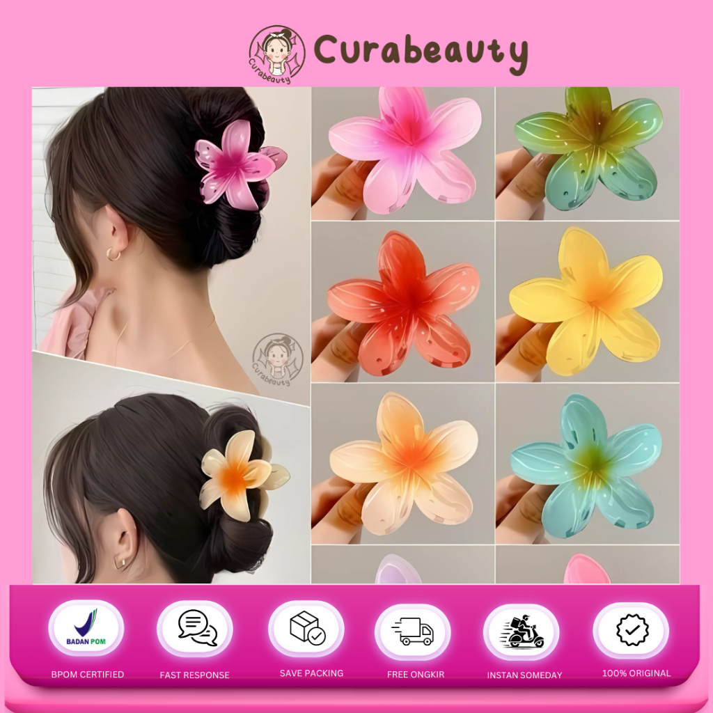 •CURABEAUTY• MANADO JEPITAN RAMBUT WANITA MOTIF BUNGA KAMBOJA AKRILIK AKSESORIS 8cm