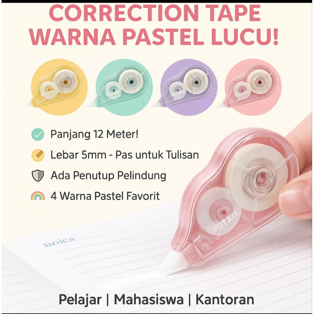 

Joyko Correction Tape Pastel 12m x 5mm – Tip-X Warna Lucu untuk Pelajar & Kantor