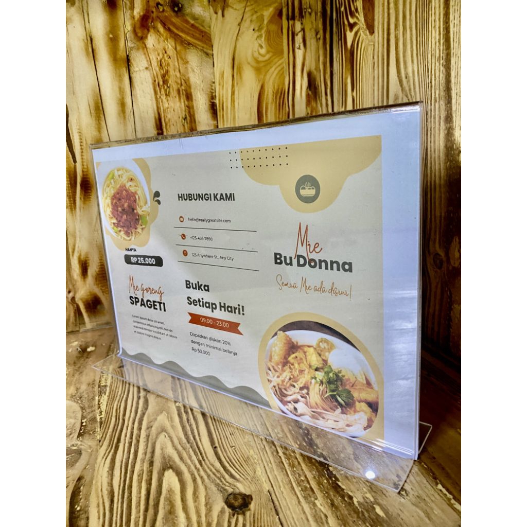 

Display Menu Horizontal Akrilik Acrylic Tempat Brosur Menu Qris Ukuran A4 Landscape Tebal 2mm
