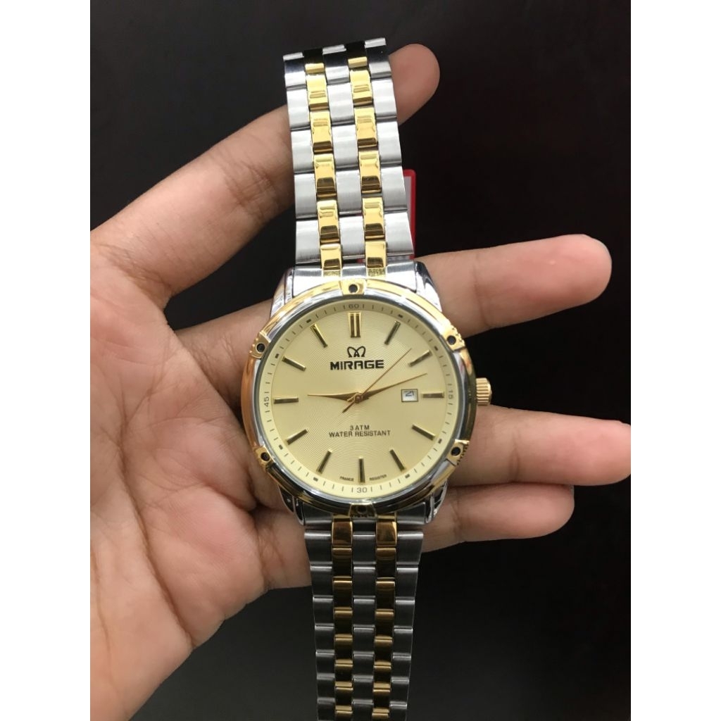 JAM TANGAN MIRAGE COWOK STRAP SILVER KOMBINASI GOLD