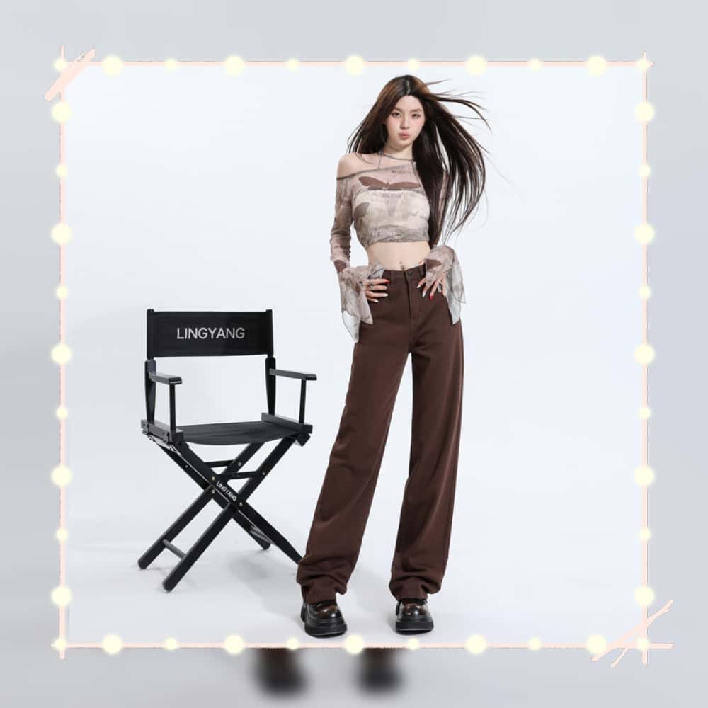 Coklat Korean Style Celana Jeans Wanita-Straight Jeans-High Loose Jeans-Celana Jeans Panjang Wanita