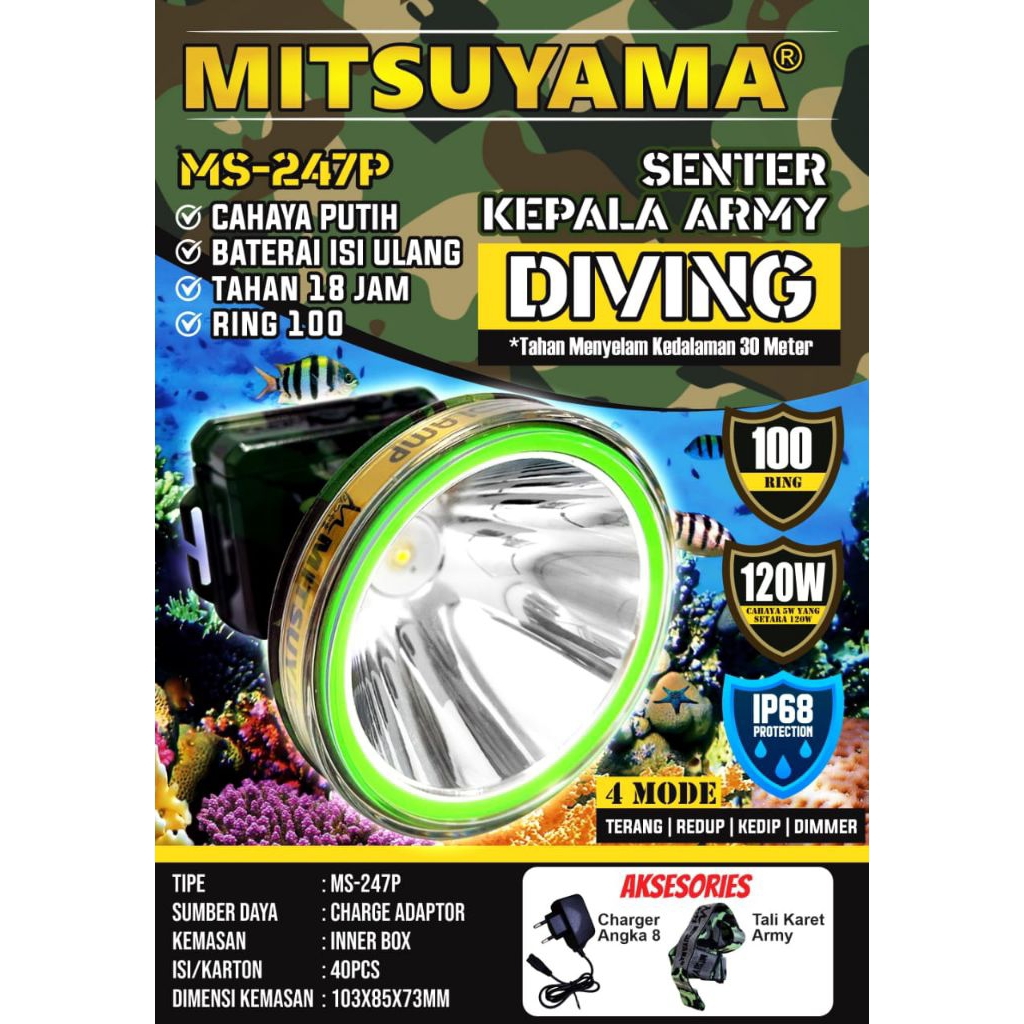 Senter Kepala Selam Diving Mitsuyama Army Ms-247P 120 W Cahaya Putih