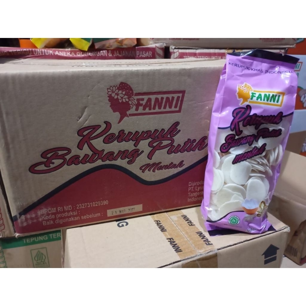 

KERUPUK BAWANG PUTIH FANNI KEMASAN 250GR 1 DUS 5KG ISI 20 PCS