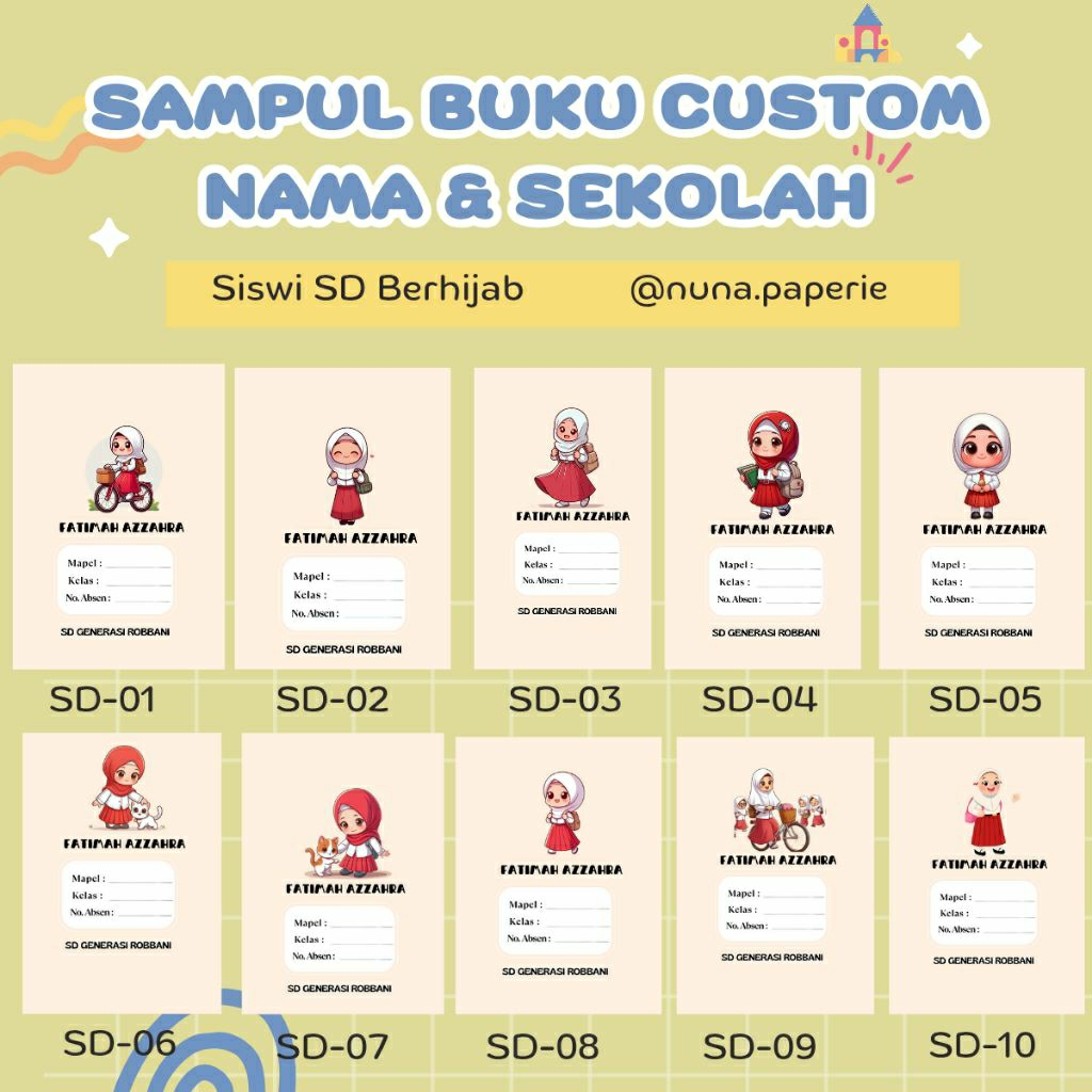 

10 pcs Sampul Buku Aesthetic Custom Nama & Sekolah – Motif Siswi SD Berhijab | Nuna Paperie