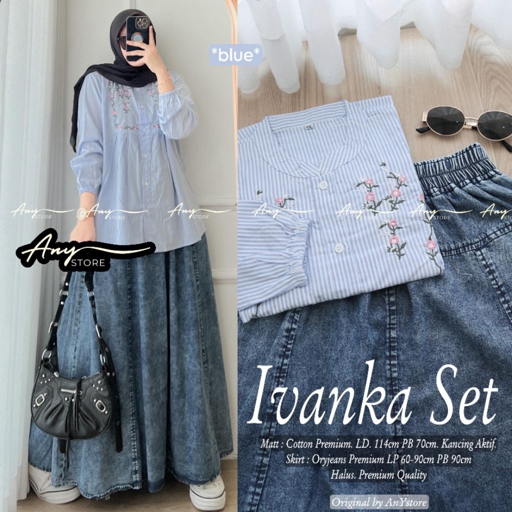 ayana ivanka qaory one set rok jeans by A.N.Y kemeja stripe wanita baju blouse garis garis rok panja