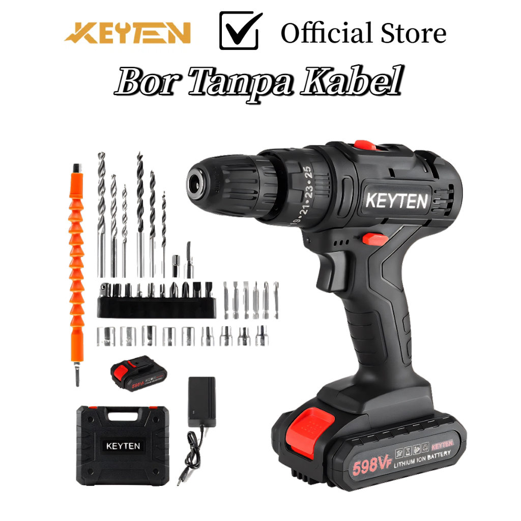 KEYTEN Bor Tanpa Kabel Set Baterai Obeng Listrik Perkakas Listrik Bor Tanpa Kabel Listrik