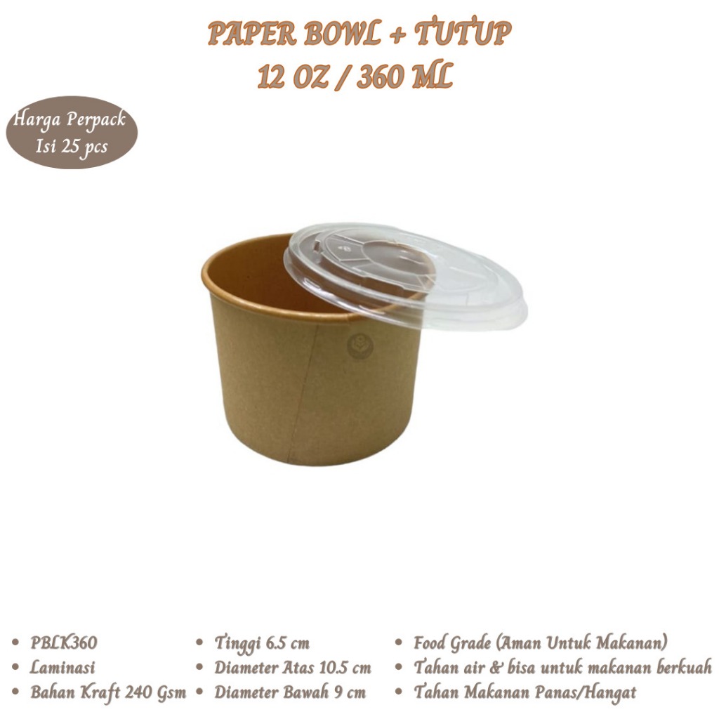 Paper Bowl 360 Ml Plus Tutup Mangkok Kertas (Isi 25 Pcs-PBLK-360)
