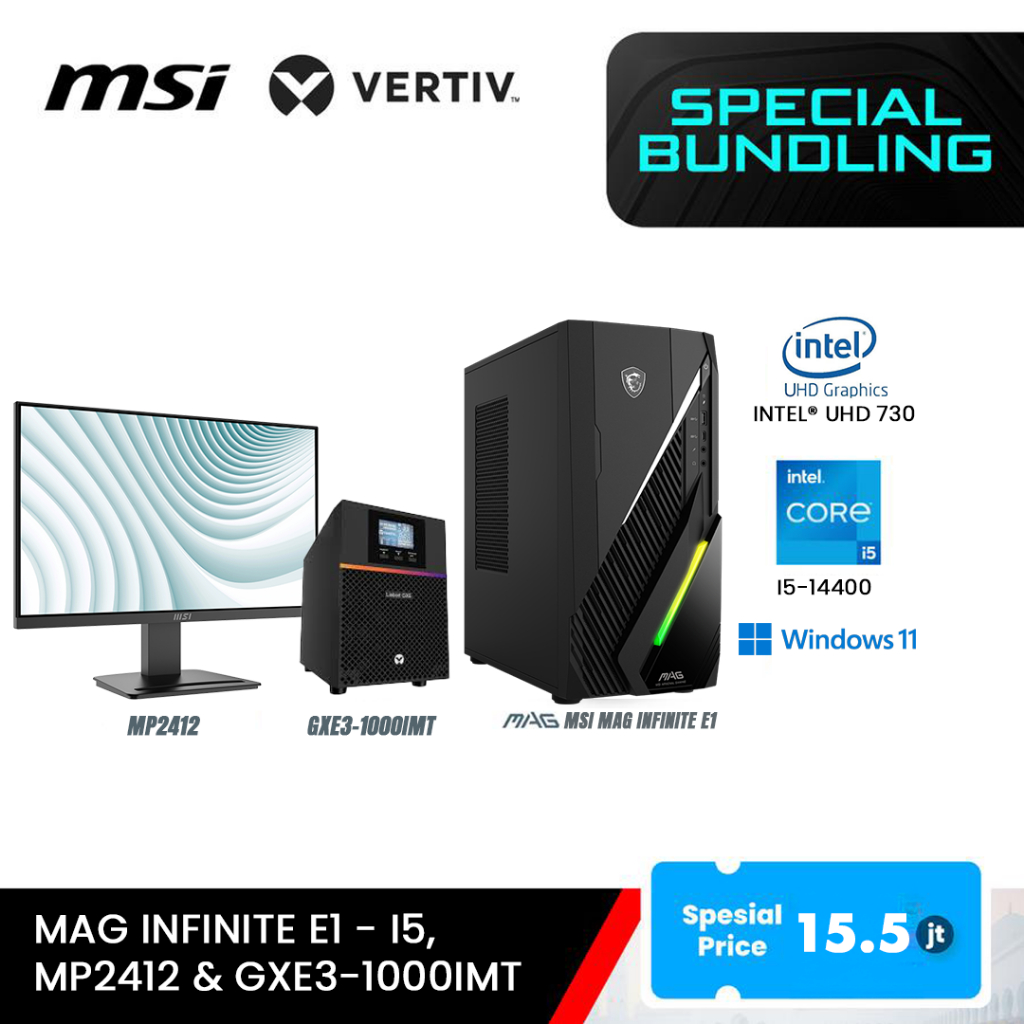 Paket Bundle PC Gaming MSI MAG Infinite E1 i5-14400 + Monitor 24" MP2412 + UPS Vertiv 1000VA/900W On
