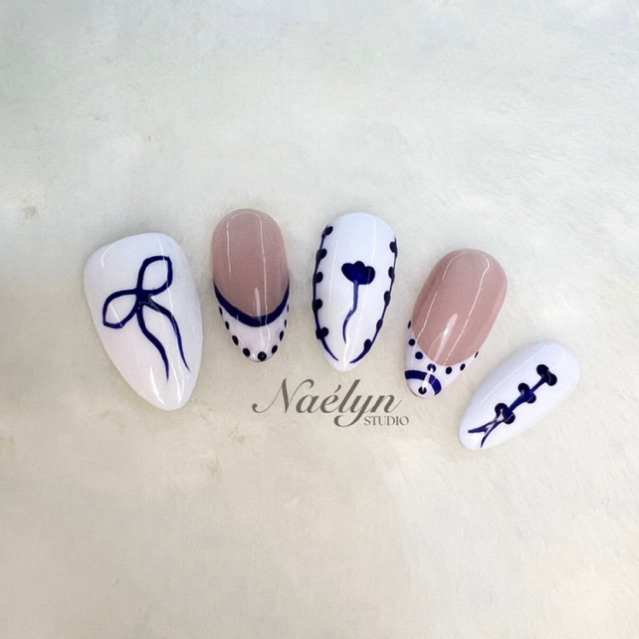 

Blue Ceramic French Ribbon Press on Nails | Naélyn Press On