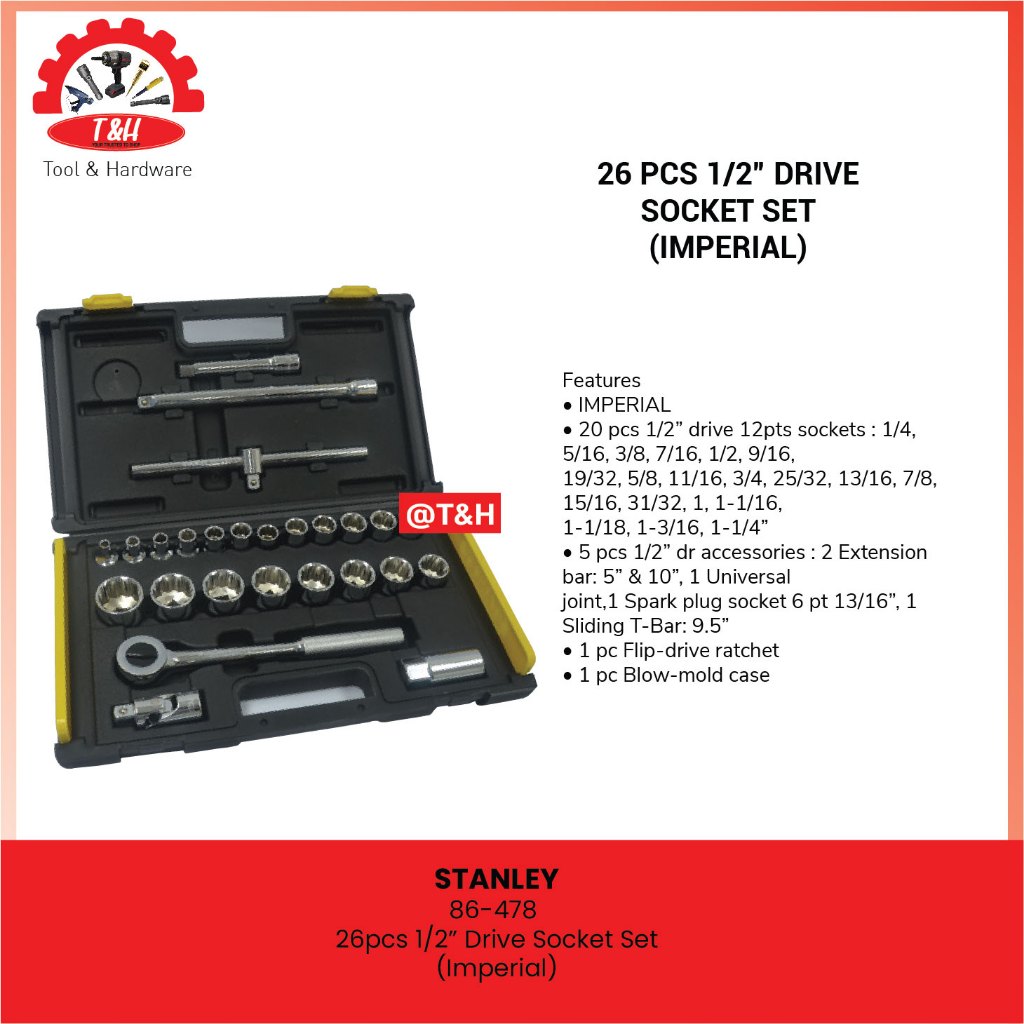 STANLEY Kunci Shock Set 1/2" / 86-478 26 pcs 1/2” Drive Socket Set (Imperial) / Kunci Shock original