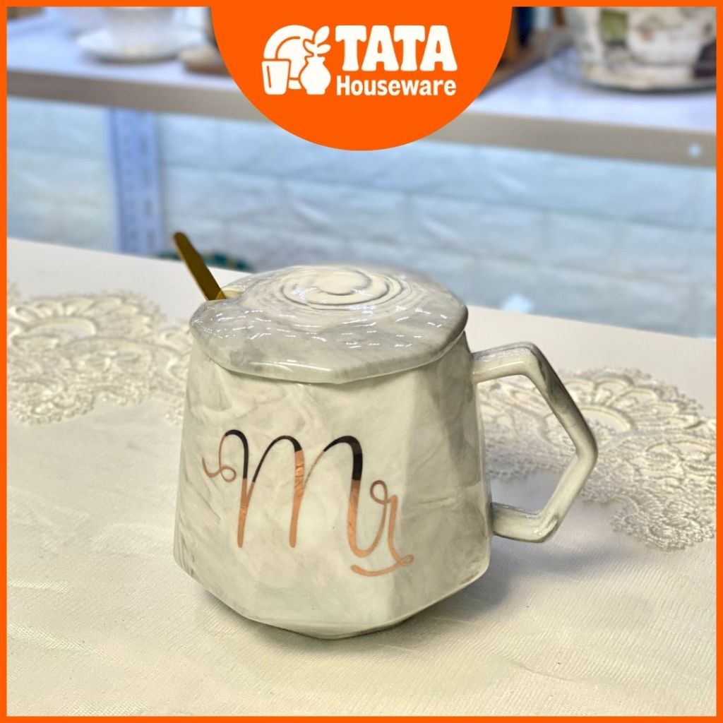 [TATA] Cangkir Set Marble Abu Keramik / Gelas Minum Penutup + Sendok / Hampers Gift Hadiah Lucu Unik