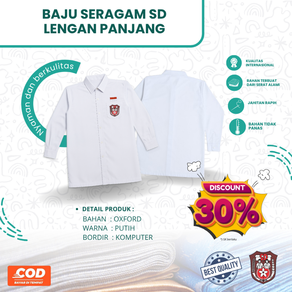 BAJU SERAGAM SD LENGAN PANJANG MURAH | SERAGAM SD PUTIH LENGAN PANJANG