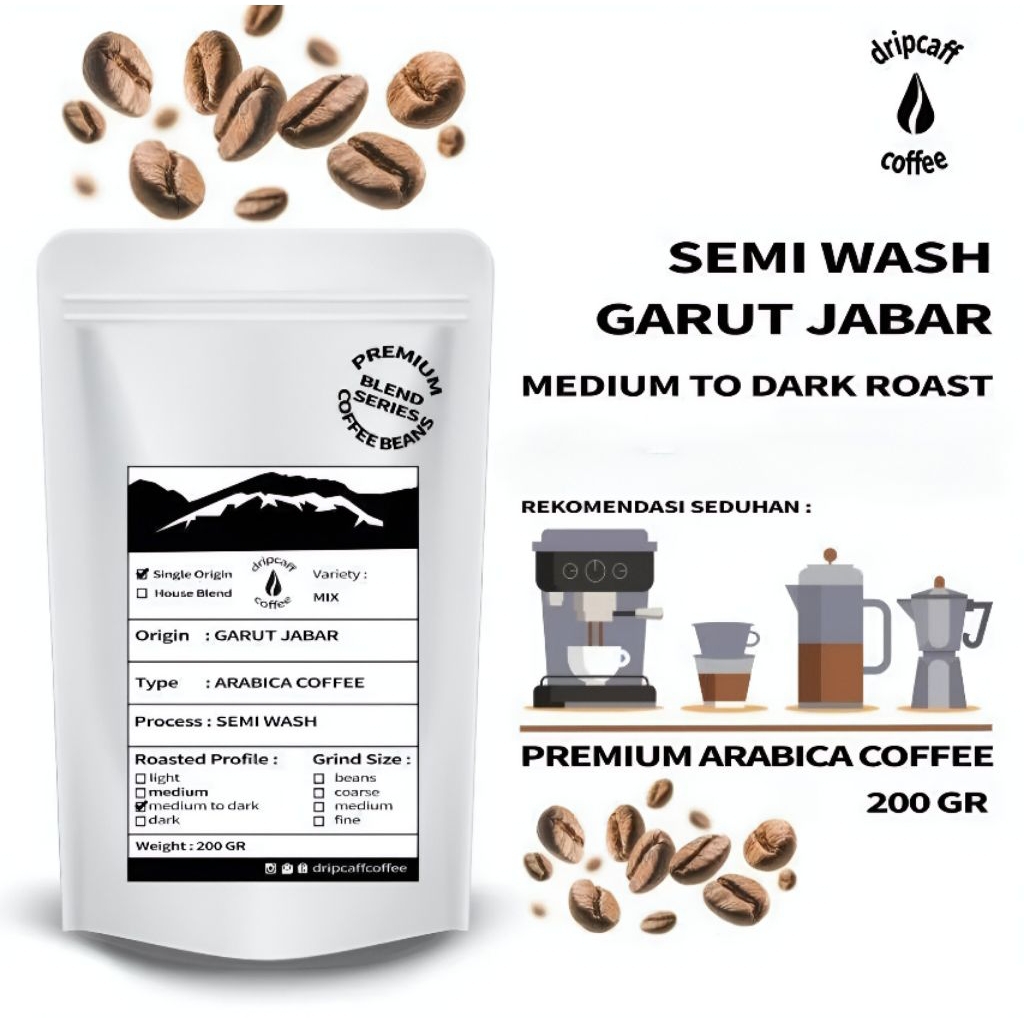 

DRIPCAFF Kopi Arabika Semi Wash Garut 200 Gr Bean Espresso Medium to Dark Jawa Barat Biji / Bubuk