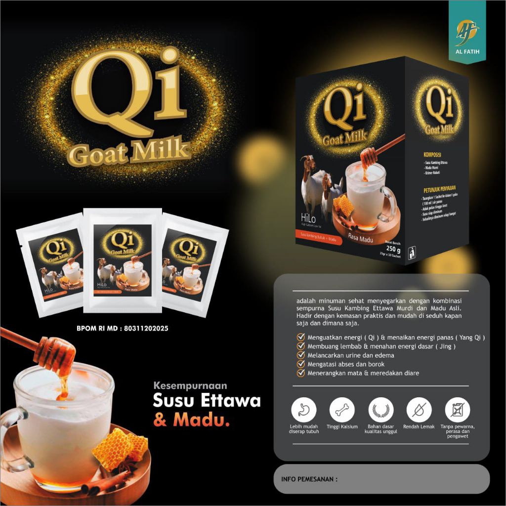 

Qi Goat Milk Susu Kambing Etawa Plus Madu | Tambah Nafsu Makan & Energi | 10 Sachet