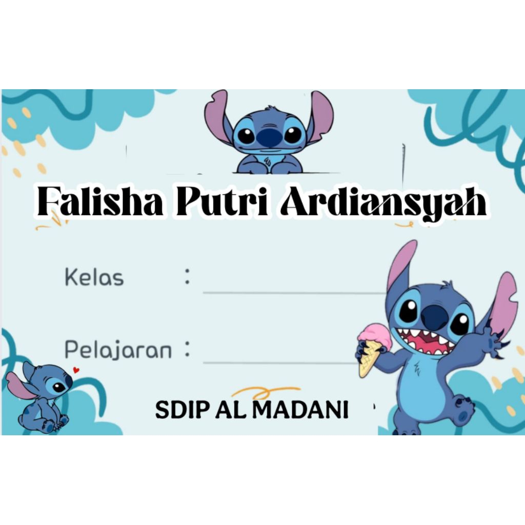 

(ISI 50 PCS) SUDAH ADA LEM STICKER LABEL BUKU SEKOLAH CUSTOM NAMA & FOTO MOTIF STITCH