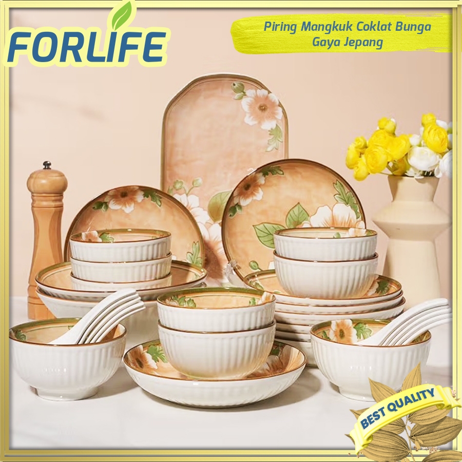 Set Piring & Mangkuk Keramik 4pcs Motif Bunga Jepang