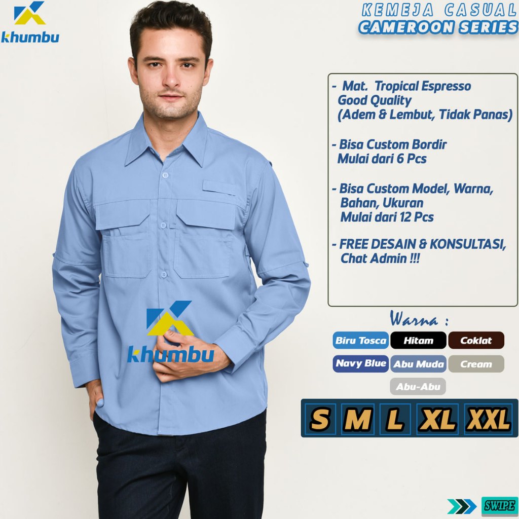 KHUMBU - Kemeja Casual Cameroon Series Warna ABU MUDA | Seragam Kerja PDL Lapangan Bahan Esspresso