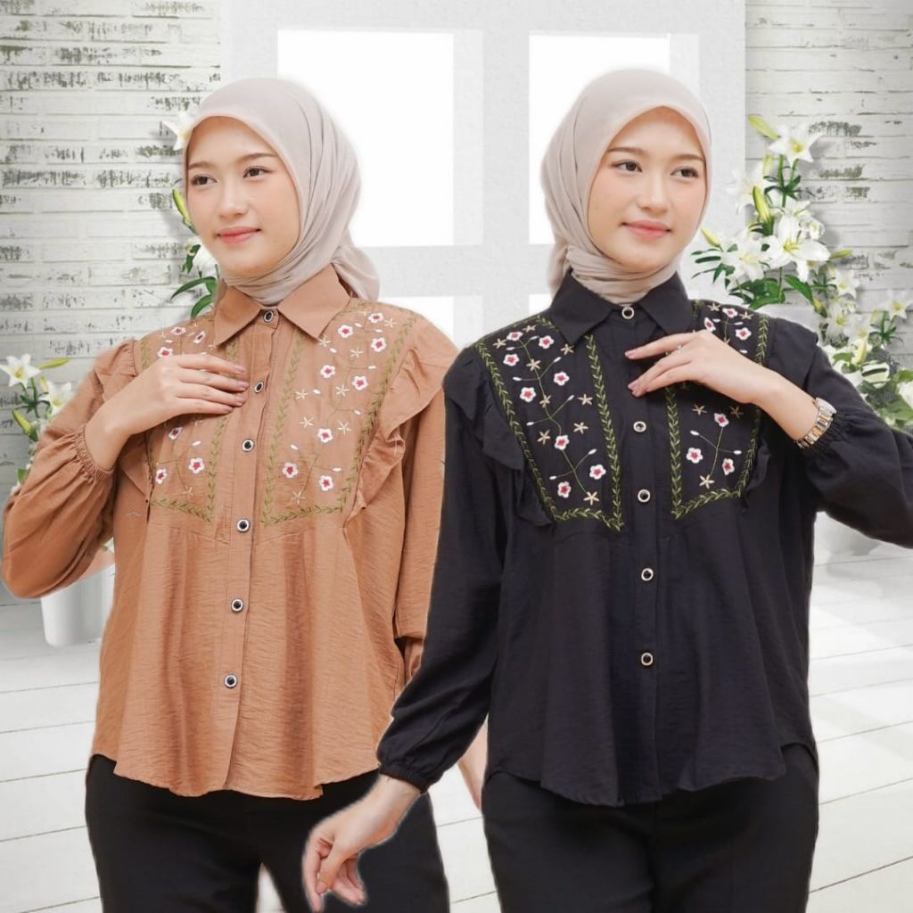 Zara Blouse | Kemeja Wanita Motif Bordir Bunga | Kemeja Wanita Kekinian | Blouse Korean Style