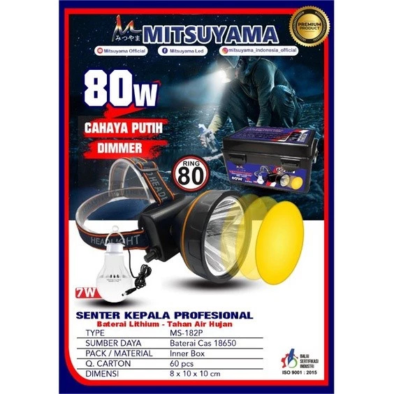 Senter Kepala Mitsuyama MS-182P Headlamp professional Dimer 80W Super Terang MS-182P Cahaya Putih Ha