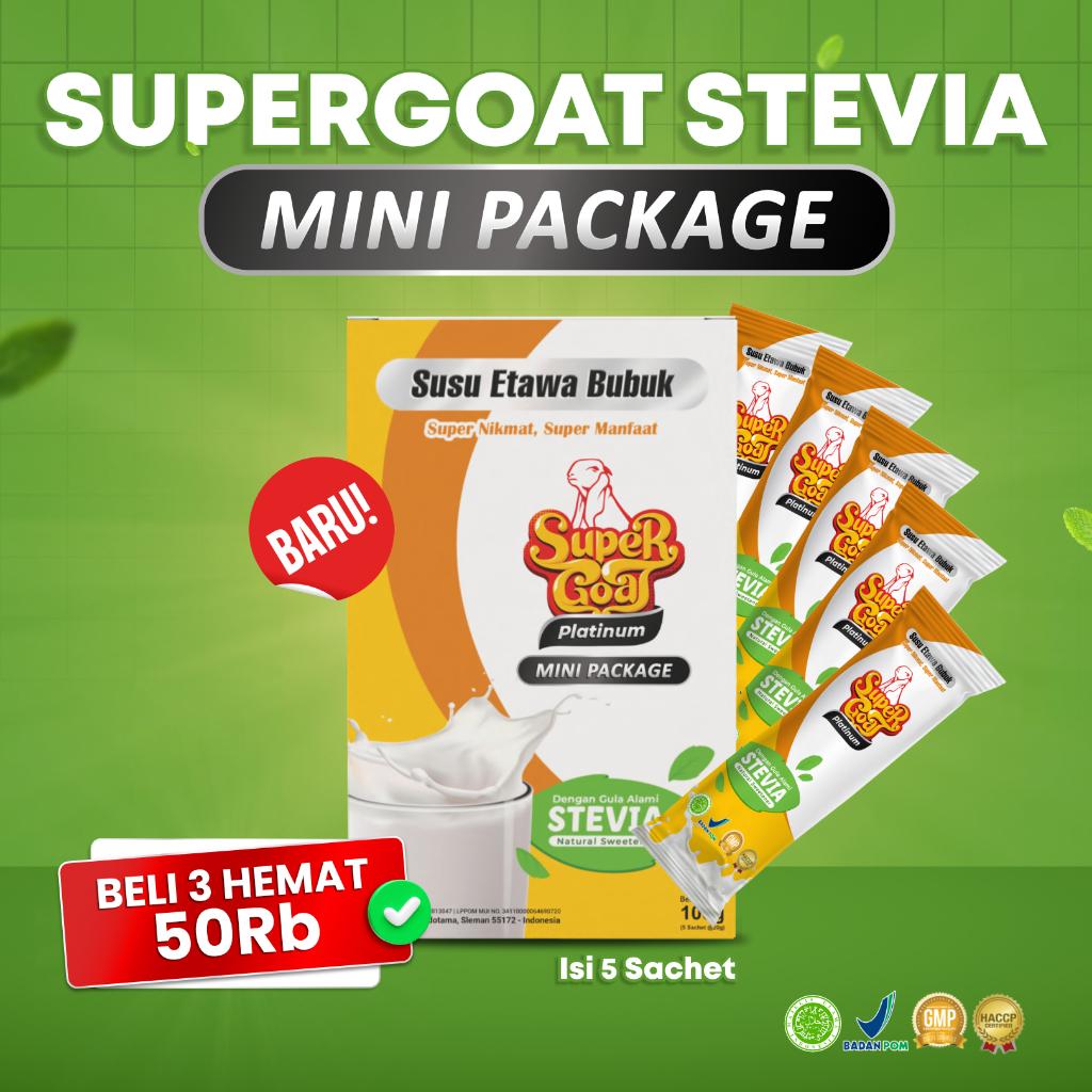 

Supergoat Stevia Mini Isi 5 Sachet Susu Kambing Etawa untuk Diabetes, Praktis & Sehat