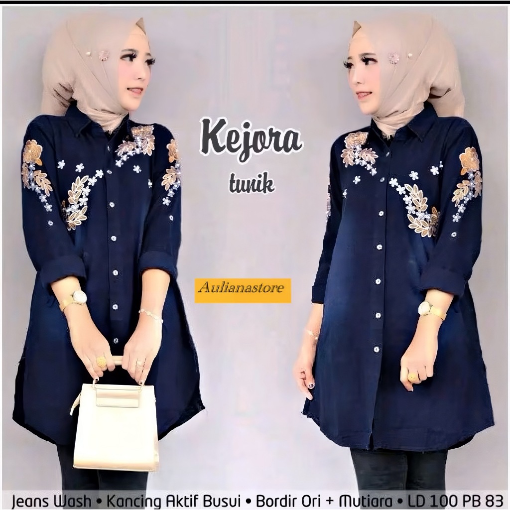 COD~Kejora Tunik Jeans Wash Premium High Quality/Atasan Wanita Tunik Jeans Bordir Full Kancing Aktif