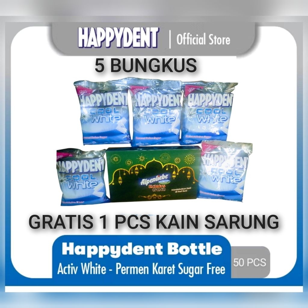 

5 Bungkus Permen Happydent Cool White Isi 50 Pcs / Bungkus Gratis 1 Pcs Kain sarung