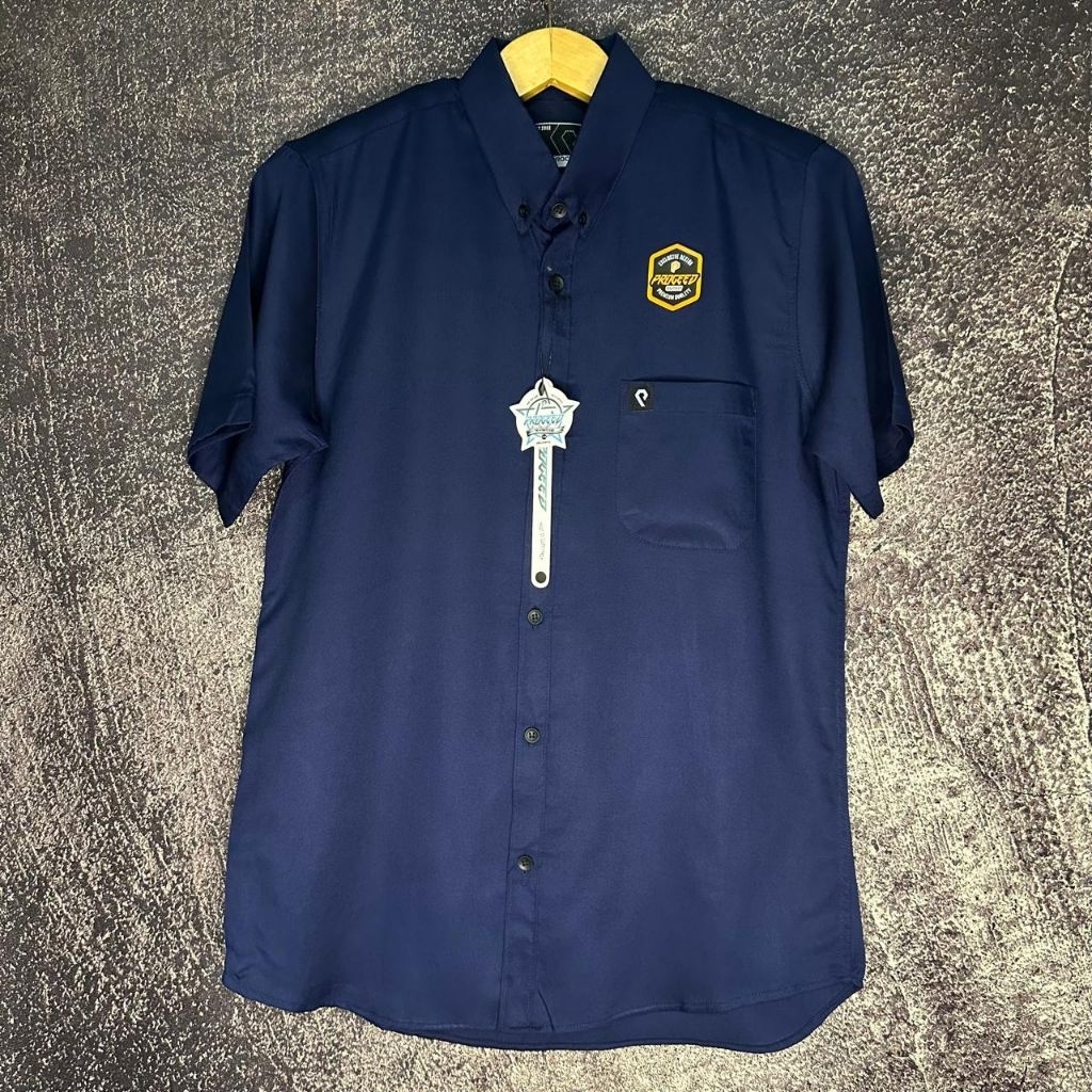 Kemeja Hem Shirt Pria Cowok Dewasa Polos Rayon Twill Premium Lengan Pendek Warna Biru Dongker Navy