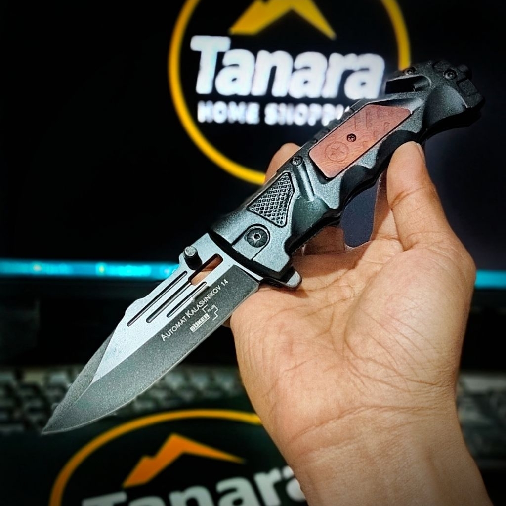 Pisau Tactical Lipat Outdoor " Boker – Gagang Kayu & Baja Tajam