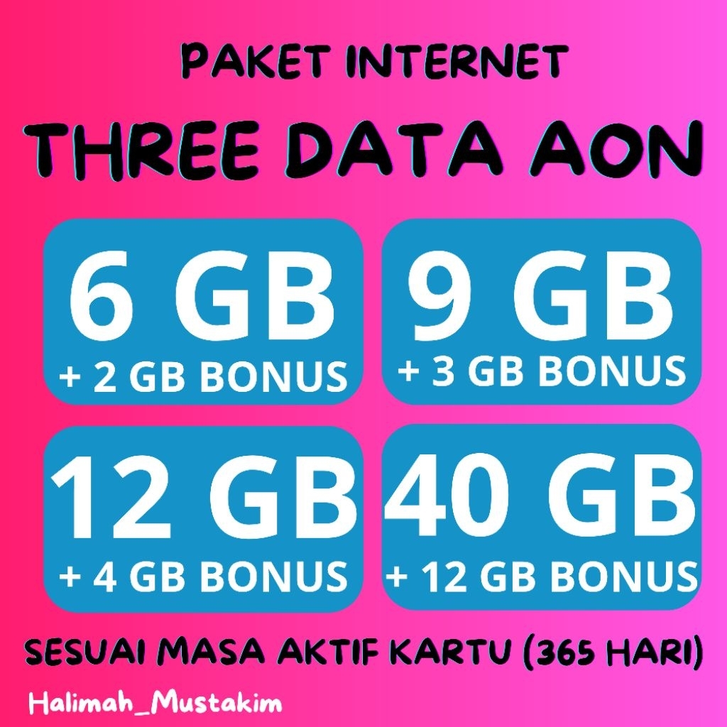 Paket Internet Tri (3) Three Data AON ( 6 GB, 9 GB, 12 GB, 40 GB) | Always ON | Aktif Selamanya sesu