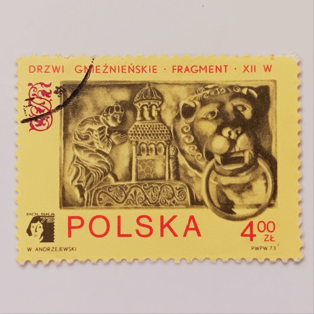 

(AA) Perangko Polandia 1973 POLSKA'73 Intl. Phil. Exhib., Poznan - Lion knocker from bronze gate, Gniezno, 12th century 4 zloty CTO