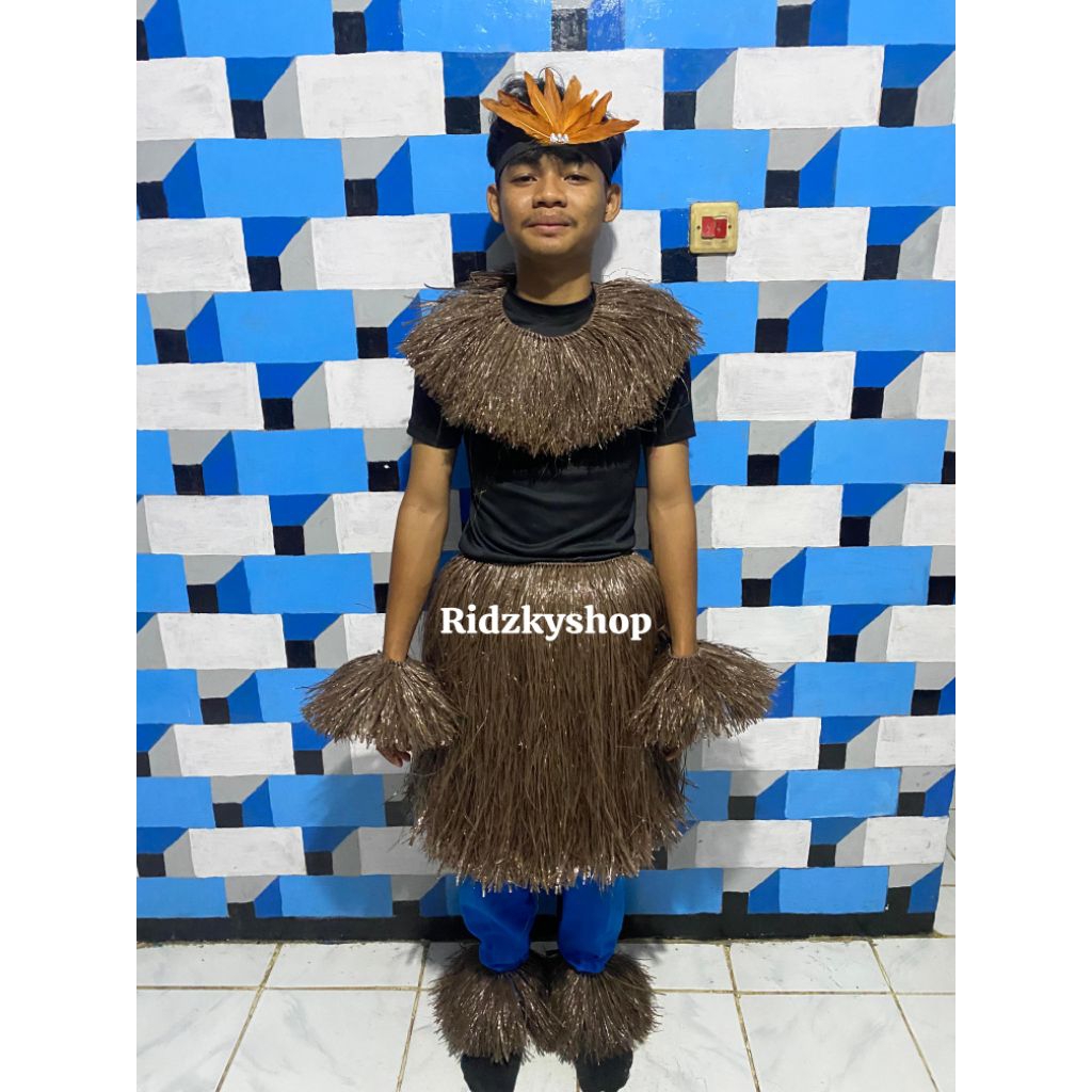 Rok Rumbai Tali Rafia Rok Tari Karnaval Sepaket Tangan dan Kaki + Kalung + Bandana ukuran Anak dan D
