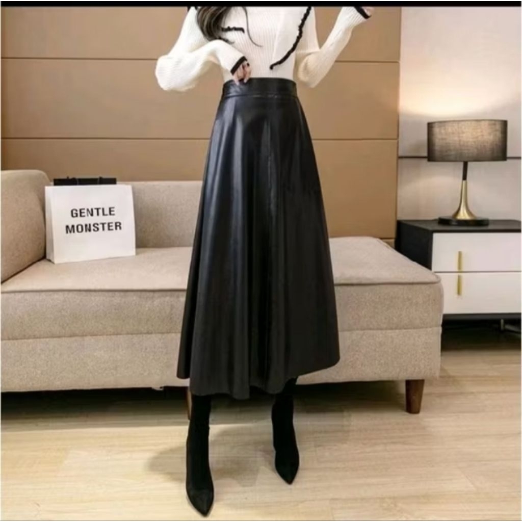 Rok kulit panjang wanita rempel/Rok panjang kulit payung