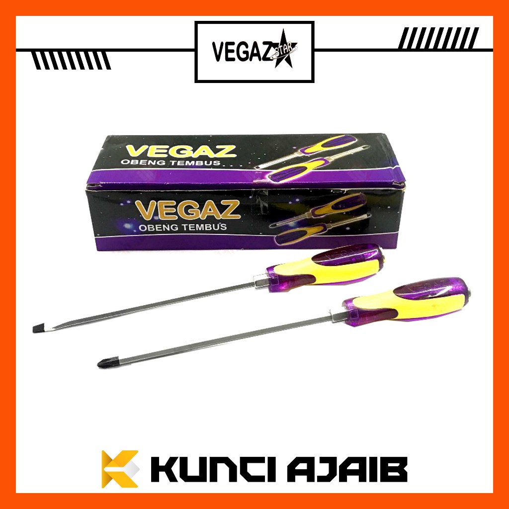 VEGAZ Obeng TEMBUS Gagang Plastik 8 Inch PLUS MIN (+) (-) Ketok Gedor Screwdriver