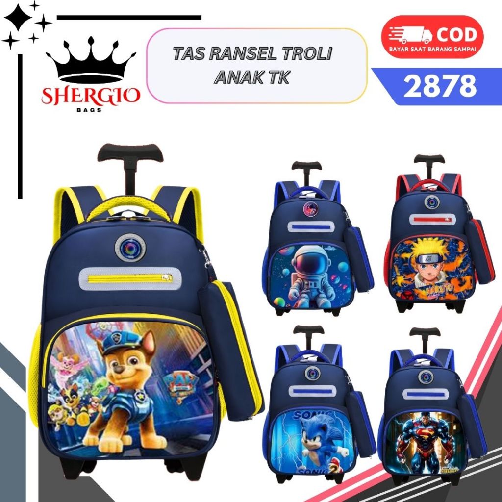 tas troli roda ransel anak TK motif karakter anak cowok led lampu 2878