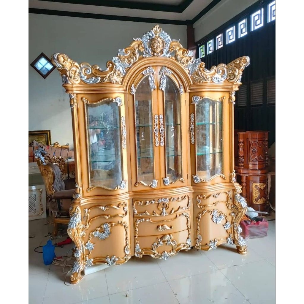 Lemari Hias Ukir Kayu Jati / Lemari Pajangan Kayu Jati Minimalis Modern / Lemari Kaca Hias Kayu Jati