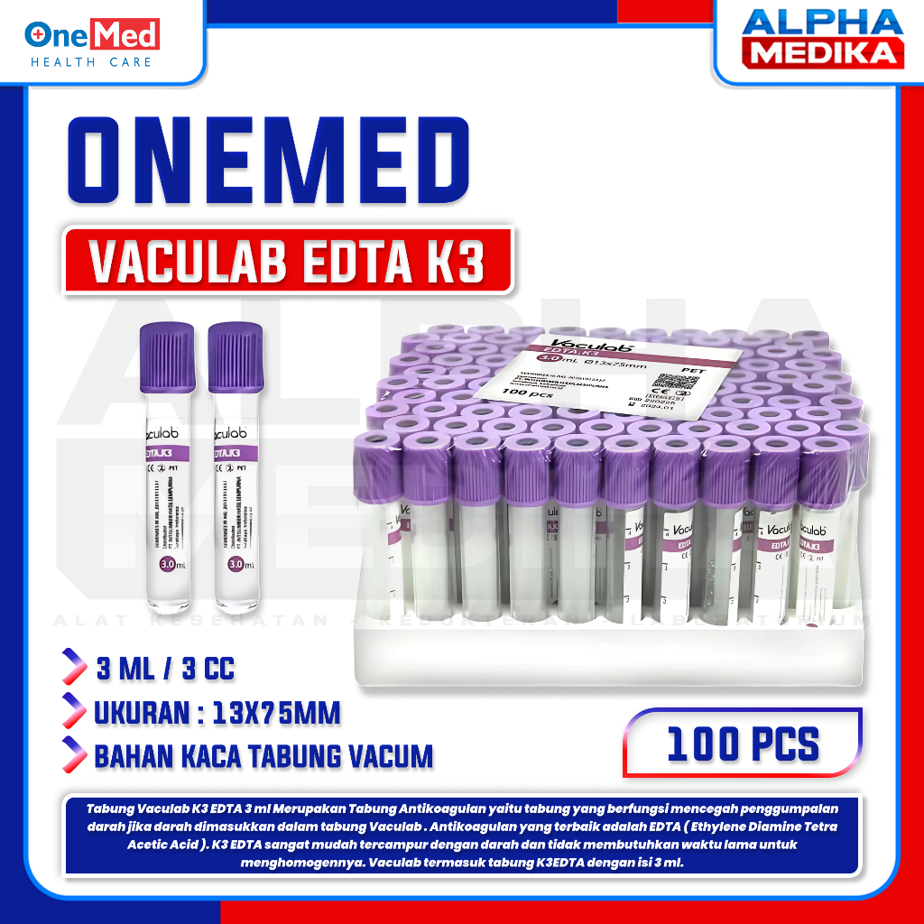 ONEMED - Vaculab Glass EDTA K3 3ML / Tabung Vacuum / EDTA K3 3ML ONEMED