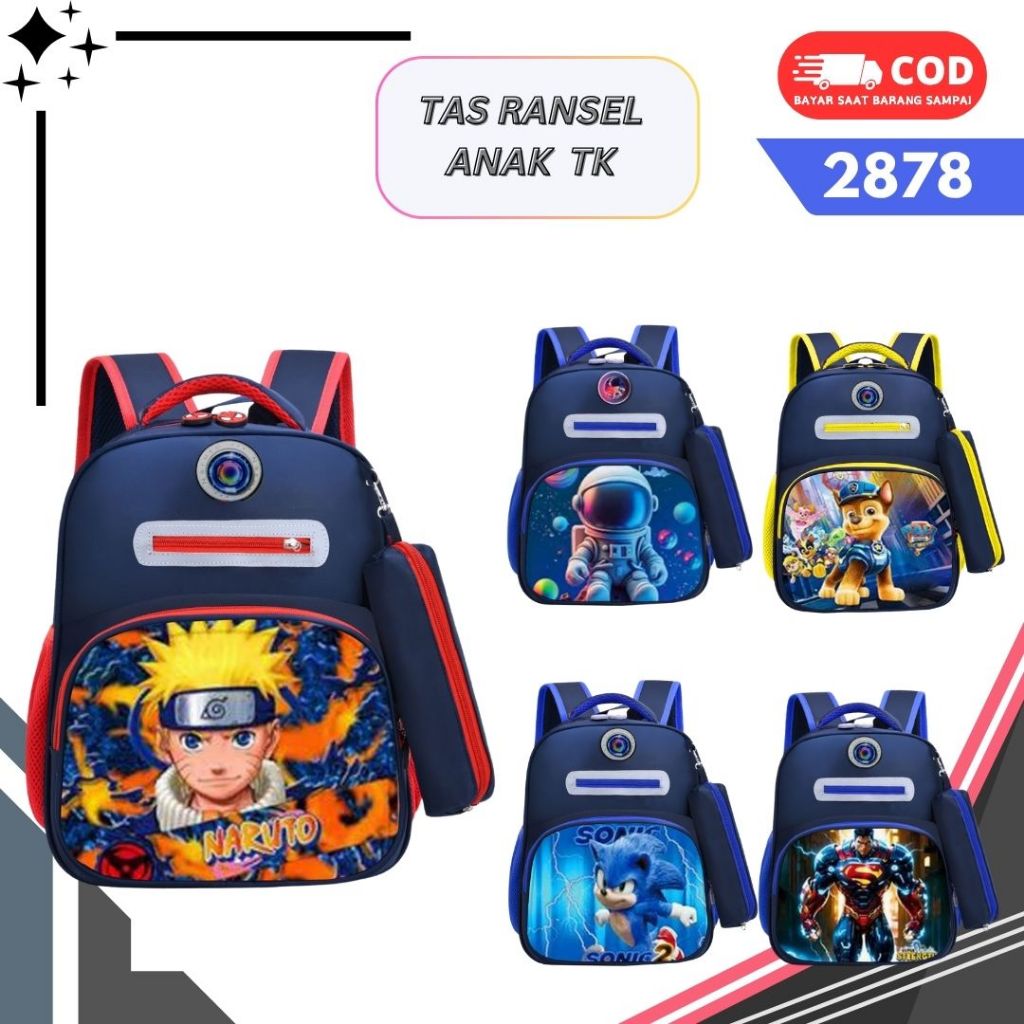 tas ransel anak TK motif karakter anak cowok led lampu ransel sekolah anak TK 2878