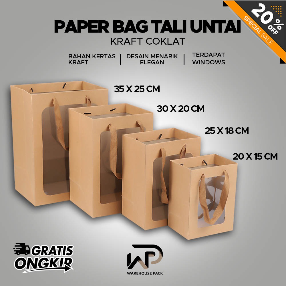

Paper Bag Tali Untai Coklat Windows | PaperBag Tali Untai Coklat | Paper Bag Mika Hampers Souvenir Ulang Tahun pernikahan | Tas Belanja Berbagai Ukuran | Tas Jinjing Coklat | Sovenir Kado Wedding