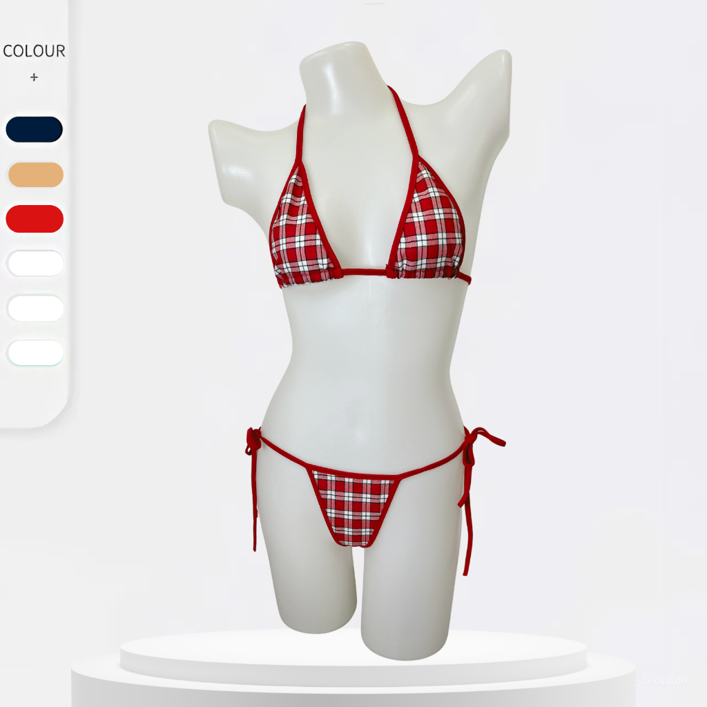 Setelan G String Dan Bra Seksi Model Tali Ikat Motif Kotak Kotak Top Tren 063