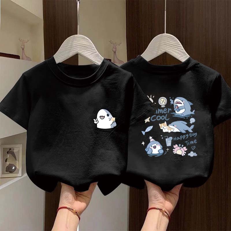 JiOJiO Pola cetak hiu kecil kartun lucu trendi gaya Korea pakaian anak baju anak perempuan baju anak