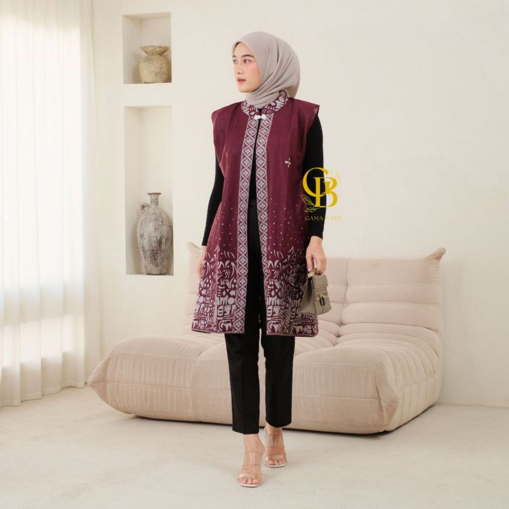 Long Cardi Batik Atasan Wanita Modern Outer Panjang Tanpa Lengan