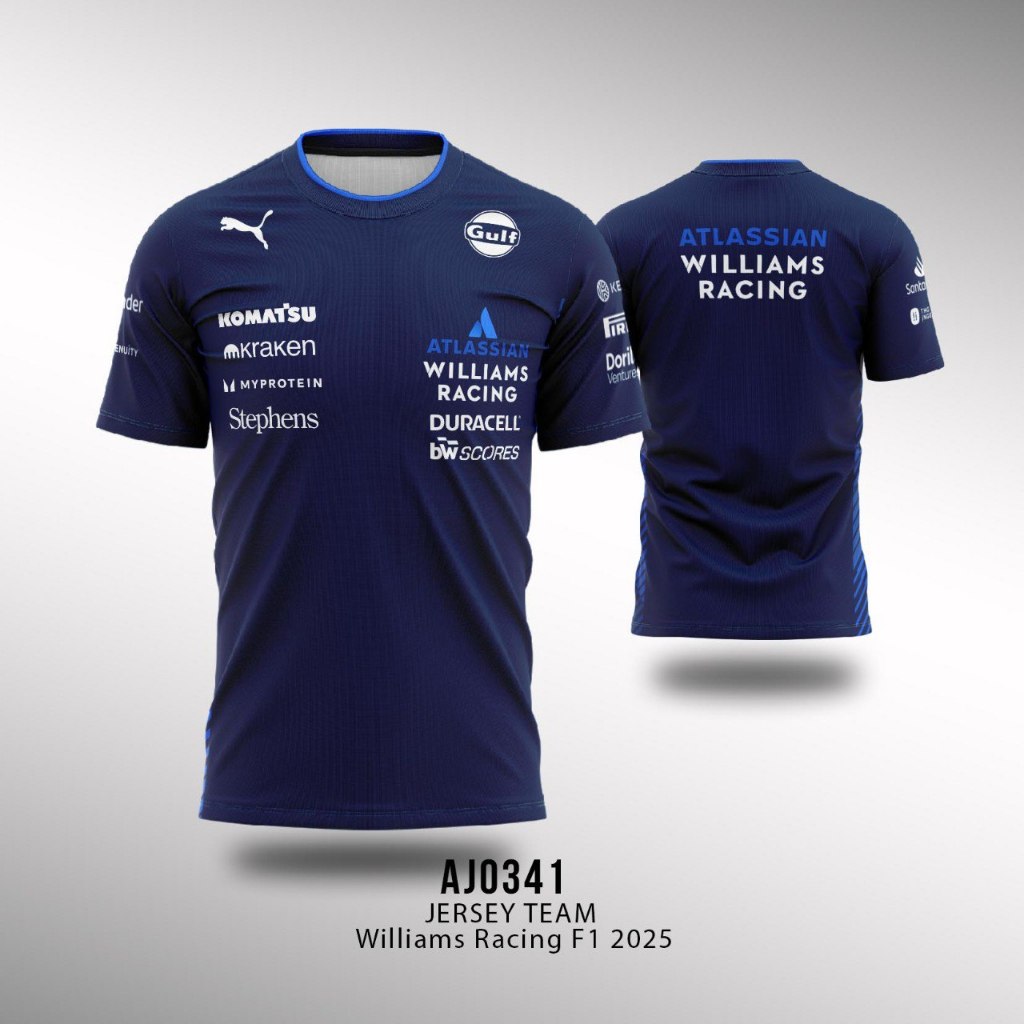 Kaos Jersey F1 2025 Formula One Team Williams Racing Fullprint Lengan Pendek Warna Navy Dri-fot prem