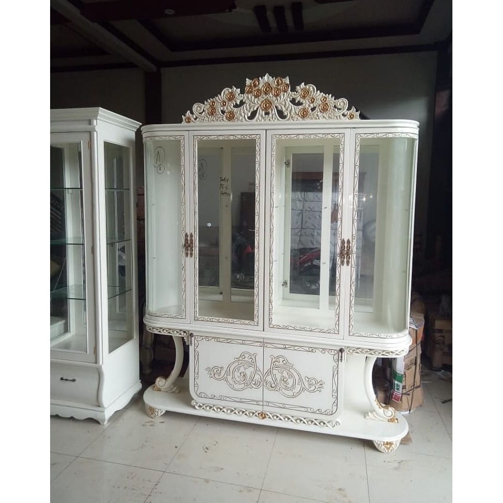 Lemari Hias Ukir Kayu Jati / Lemari Pajangan Kayu Jati Minimalis Modern / Lemari Kaca Hias Kayu Jati